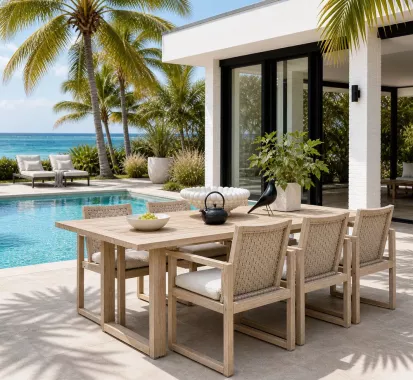Table à Manger ANTIGUA & 6 Fauteuils en Bois Teck Massif| Mobilier Extérieur Martinique Guadeloupe, St Martin et St Barth