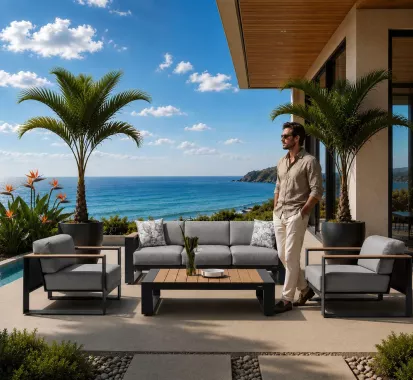 Salon de Jardin Cambusa 5 Places Blanc – Design Claudio Bellini | Aluminium & Teck | Caribbean Patio Antilles