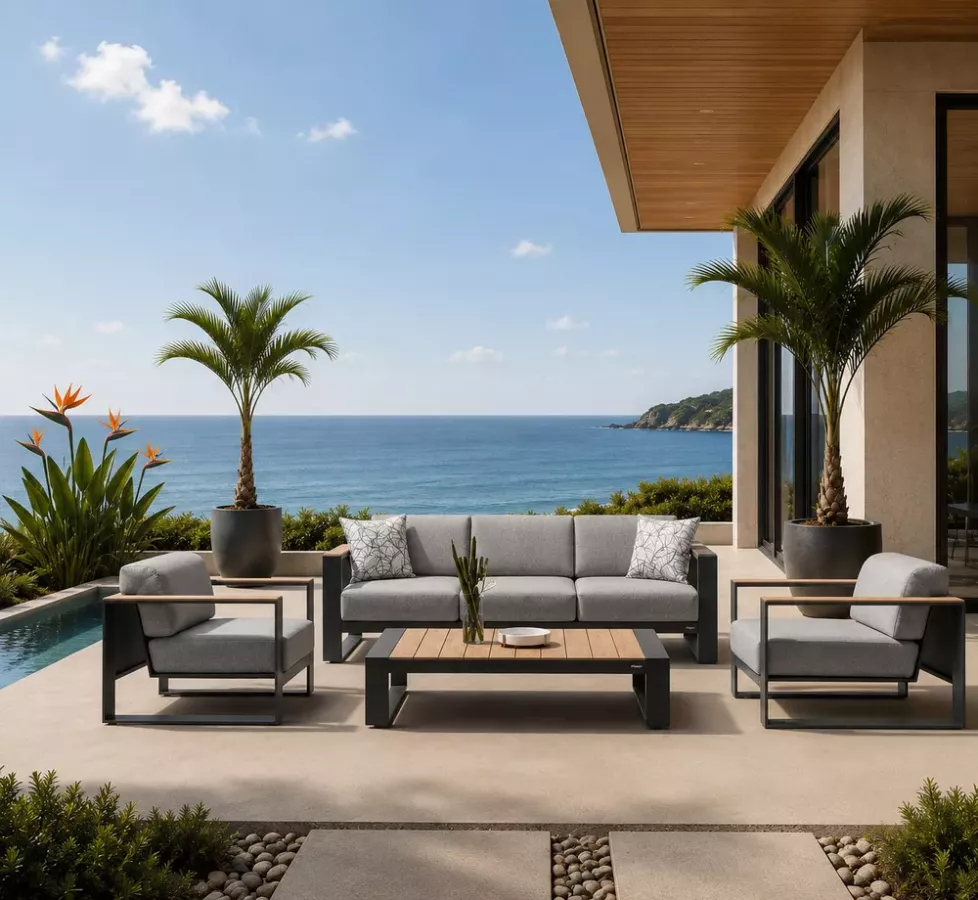Salon de Jardin Cambusa 5 Places Blanc – Design Claudio Bellini | Aluminium & Teck | Caribbean Patio Antilles