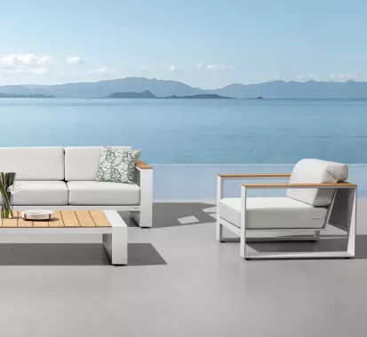 Fauteuil salon de Jardin Cambusa Blanc – Design Claudio Bellini | Aluminium & Teck | Caribbean Patio Antilles