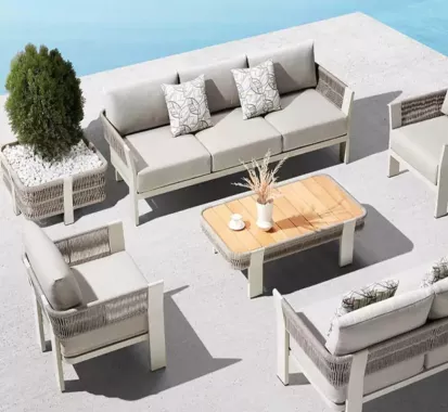 Salon BORROMEO – Design Claudio Bellini, mobilier extérieur haut de gamme en teck, aluminium et corde | Caribbean Patio Antilles