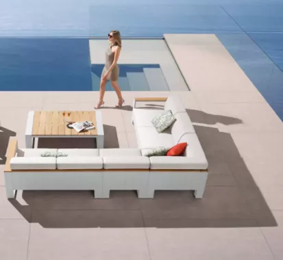 Ensemble Salon Canapé Angle 5 Places Blanc – Design Italien Claudio Bellini | Aluminium & Teck | Caribbean Patio Antilles