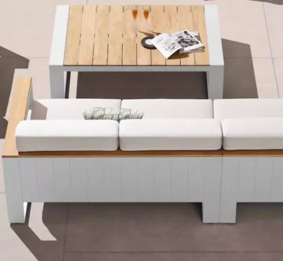 Ensemble Salon Canapé Angle 5 Places Blanc – Design Italien Claudio Bellini | Aluminium & Teck | Caribbean Patio Antilles