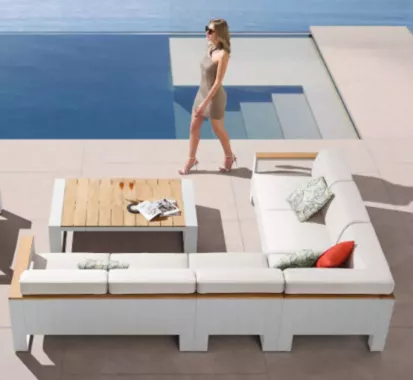 Ensemble Salon Canapé Angle 5 Places Blanc – Design Italien Claudio Bellini | Aluminium & Teck | Caribbean Patio Antilles