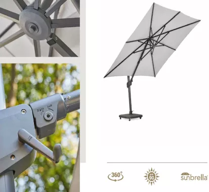 Parasol Palmoli 3×3 m, toile Sunbrella®, base granit à roulettes. Élégance mobile. Livraison Antilles. Paiement en 4 fois.