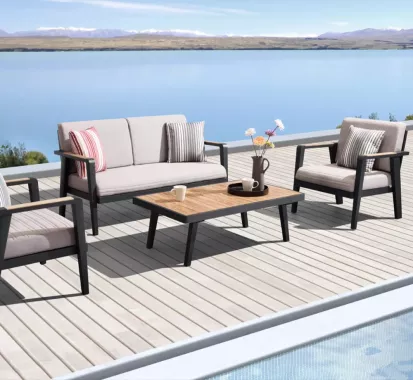 Salon de Jardin 4 places Haut de Gamme EMOTI – Aluminium & Teck – Caribbean Patio Martinique Guadeloupe et St Martin
