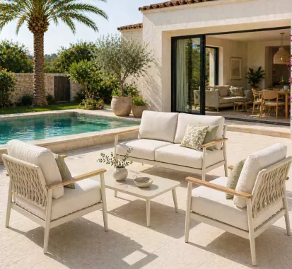 SALON DE JARDIN ALU & CORDE ÉLÉGANCE CRÈME – MALIA