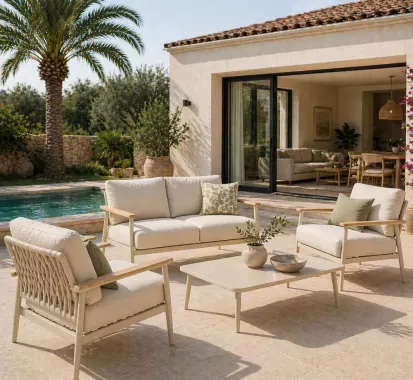 Salon de jardin MALIA 4 places aluminium & corde crème | Mobilier extérieur haut de gamme Antilles | Caribbean Patio