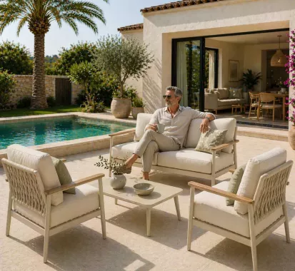 Salon de jardin MALIA 4 places aluminium & corde crème | Mobilier extérieur haut de gamme Antilles | Caribbean Patio