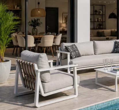 Salon de Jardin ALTESSE Lounge Aluminium Teck & Cuir – Haut de Gamme Martinique Guadeloupe Saint-Martin