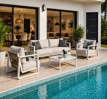 Salon de jardin aluminium creme cuir