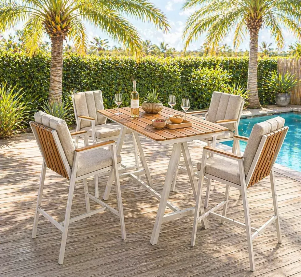 TABLE HAUTE ALU BLANC PLATEAU TECK