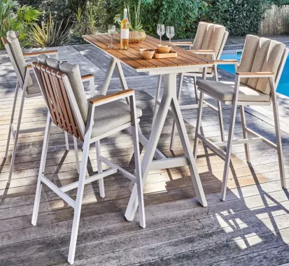 Table Haute ALTESSE + 4 Fauteuils Aluminium Teck Cuir – Mobilier Jardin Premium |Caribbean Patio Martinique Guadeloupe St Martin