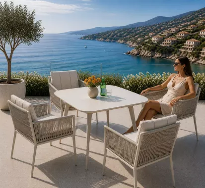 Ensemble table ceramique et 4 fauteuils aluminium Hastia
